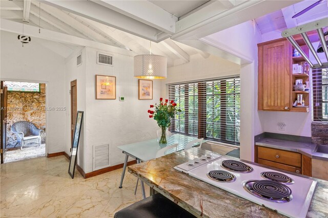 1301 Milan Ave Unit 4, Coral Gables, FL 33134 - kitchen featuring plenty of natural light, brown cabinetry, and white electric stovetop