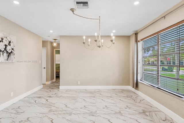 919 NE 4th St, Hallandale Beach, FL 33009 - unfurnished room featuring a chandelier, light marble finish flooring, and recessed lighting