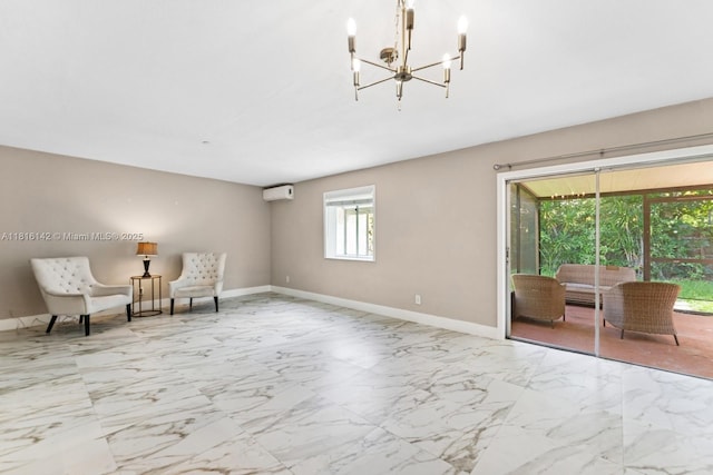 919 NE 4th St, Hallandale Beach, FL 33009 - living area with a chandelier, marble look tile flooring, and a wall mounted AC