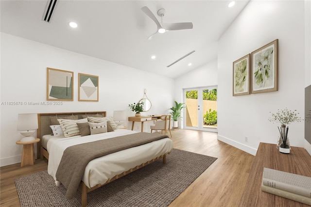 9047 Baybury Ln, West Palm Beach, FL 33411 - bedroom featuring access to exterior, recessed lighting, high vaulted ceiling, light wood-style flooring, and a ceiling fan