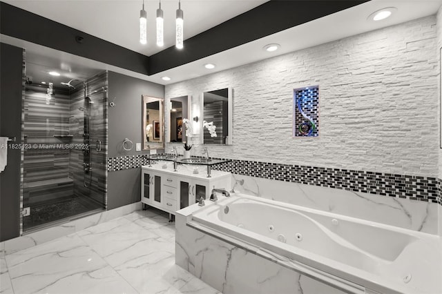 20281 E Country Club Dr Unit 201, Aventura, FL 33180 - bathroom with a stall shower, double vanity, a whirlpool tub, recessed lighting, and marble finish floors