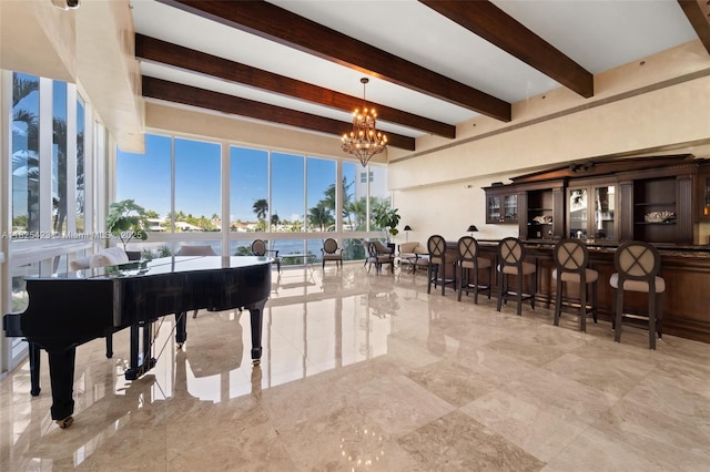 20281 E Country Club Dr Unit 201, Aventura, FL 33180 - interior space with beam ceiling, a chandelier, and plenty of natural light