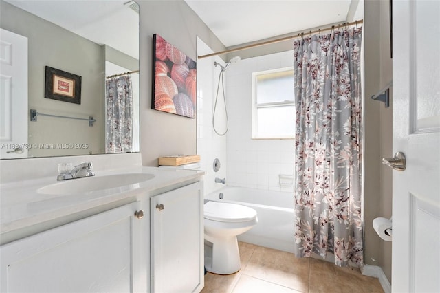 1025 SW Placetas Ave, Port St Lucie, FL 34953 - bathroom featuring vanity, shower / bathtub combination with curtain, and tile patterned flooring