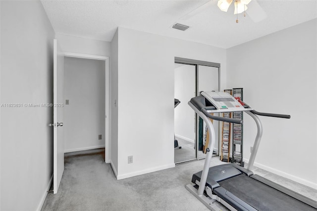 1077 SW 120th Ave, Davie, FL 33325 - exercise area with ceiling fan, carpet flooring, and a textured ceiling