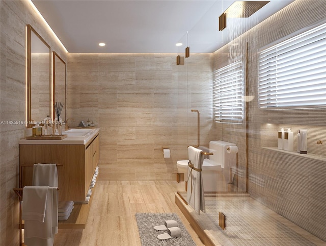 3187 SW 23rd St Unit A, Miami, FL 33145 - bathroom with double vanity, a stall shower, tile walls, and recessed lighting