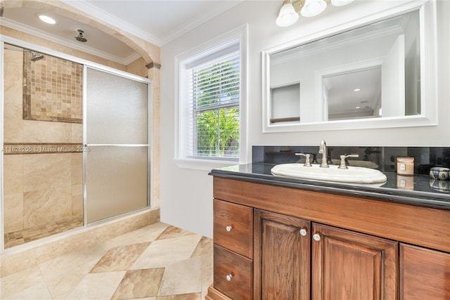 14711 SW 170th Ter, Miami, FL 33187 - bathroom featuring a stall shower, vanity, ornamental molding, and tile patterned flooring