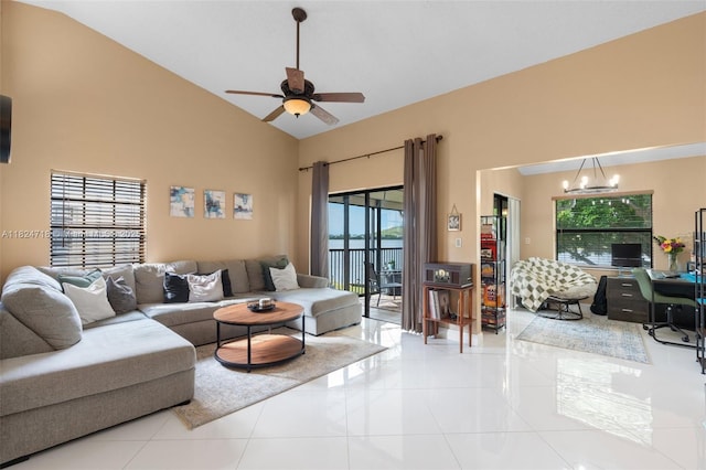 602 Lincoln Ct Unit 602, Deerfield Beach, FL 33442 - living room with a chandelier, high vaulted ceiling, ceiling fan, and tile patterned floors