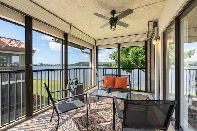 602 Lincoln Ct Unit 602, Deerfield Beach, FL 33442 - sunroom with a water view, a ceiling fan, an outdoor hangout area, and plenty of natural light