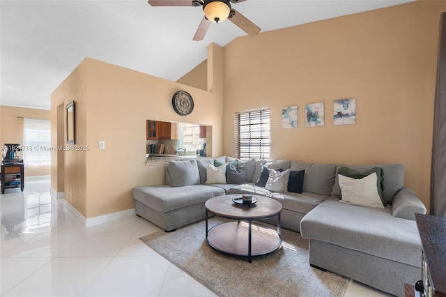 602 Lincoln Ct Unit 602, Deerfield Beach, FL 33442 - living area featuring a ceiling fan, light tile patterned floors, and high vaulted ceiling