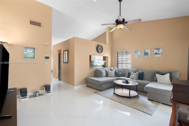 602 Lincoln Ct Unit 602, Deerfield Beach, FL 33442 - tiled living room featuring high vaulted ceiling and a ceiling fan