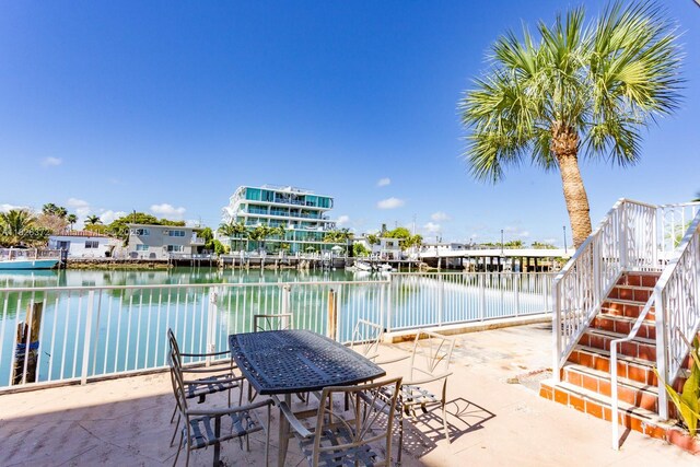 8420 Byron Ave Unit 6, Miami Beach, FL 33141 - view of patio / terrace with stairs and a water view