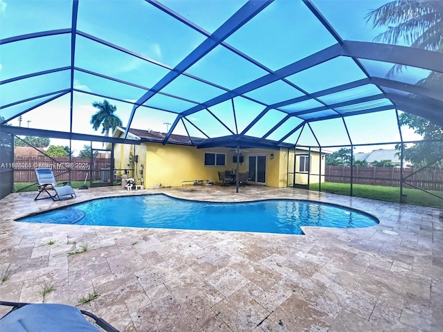7301 SW 8th St, North Lauderdale, FL 33068 - view of pool featuring a patio, a fenced backyard, ceiling fan, and glass enclosure