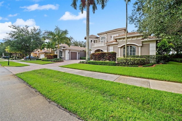 12608 S Stonebrook Cir, Davie, FL 33330 - mediterranean / spanish house with driveway, stucco siding, a front lawn, a tile roof, and a garage