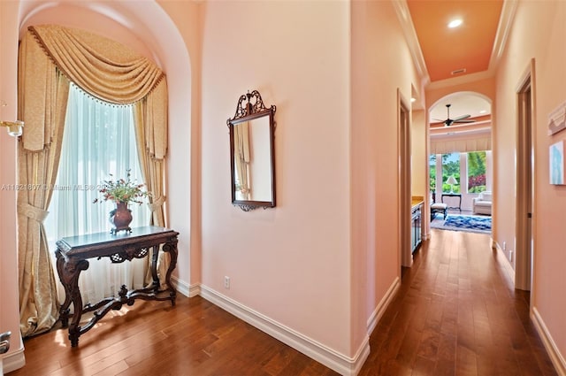 12608 S Stonebrook Cir, Davie, FL 33330 - hallway featuring dark wood-type flooring and crown molding
