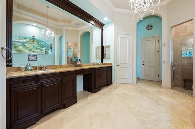 12608 S Stonebrook Cir, Davie, FL 33330 - full bathroom featuring a chandelier, ornamental molding, a stall shower, double vanity, and a tray ceiling