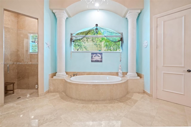 12608 S Stonebrook Cir, Davie, FL 33330 - bathroom featuring ornate columns, a garden tub, and a stall shower