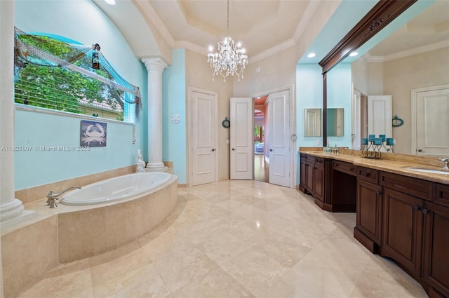 12608 S Stonebrook Cir, Davie, FL 33330 - full bathroom featuring crown molding, ornate columns, a bath, double vanity, and a chandelier
