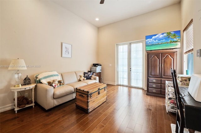 12608 S Stonebrook Cir, Davie, FL 33330 - living room featuring dark wood-style floors, a ceiling fan, and recessed lighting