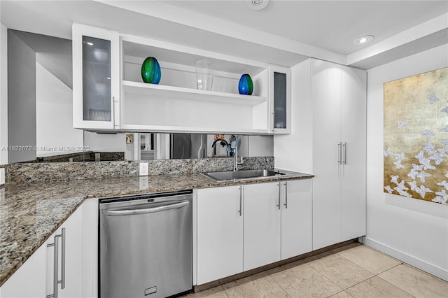 11 Island Ave Unit 1103, Miami Beach, FL 33139 - kitchen with dishwasher, open shelves, dark stone countertops, white cabinets, and recessed lighting
