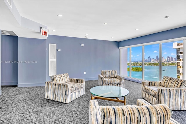 11 Island Ave Unit 1103, Miami Beach, FL 33139 - carpeted living area featuring a skyline view, a water view, and recessed lighting