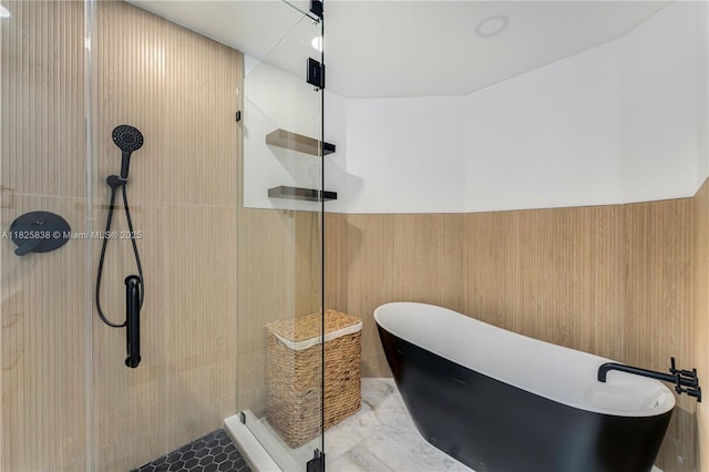 9248 Magnolia Ct, Davie, FL 33328 - full bath featuring a shower stall, a soaking tub, a wainscoted wall, and marble finish floors