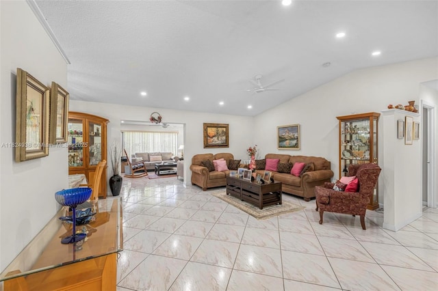 13245 SW 86th Ln, Miami, FL 33183 - living room featuring a ceiling fan, lofted ceiling, and recessed lighting