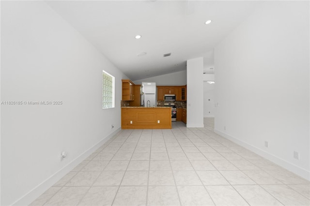 11581 SW 10th Ct, Pembroke Pines, FL 33025 - unfurnished living room with vaulted ceiling, recessed lighting, and light tile patterned floors