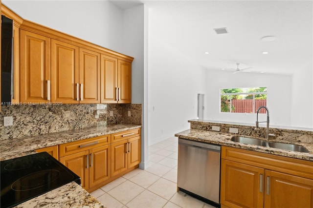 11581 SW 10th Ct, Pembroke Pines, FL 33025 - kitchen featuring dishwasher, black electric range, decorative backsplash, light stone counters, and light tile patterned flooring