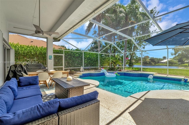 1137 SW Lighthouse Dr, Palm City, FL 34990 - outdoor pool with an outdoor living space, a patio area, a water view, and ceiling fan