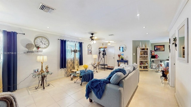 5637 SW 40th St, West Park, FL 33023 - living area featuring light tile patterned floors, crown molding, a ceiling fan, and recessed lighting