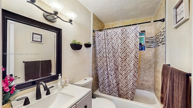 5637 SW 40th St, West Park, FL 33023 - full bathroom featuring vanity, shower / bath combination with curtain, a textured wall, and a textured ceiling