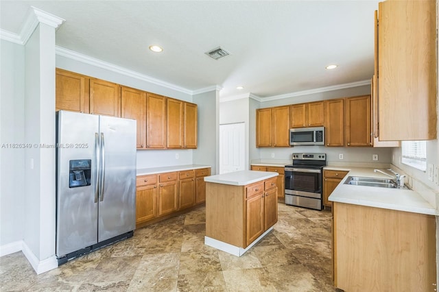 12986 SW 21st St, Miramar, FL 33027 - kitchen with stainless steel appliances, a kitchen island, crown molding, light countertops, and recessed lighting
