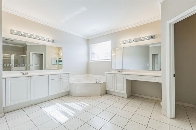 12986 SW 21st St, Miramar, FL 33027 - full bath with a bath, ornamental molding, tile patterned flooring, vanity, and a stall shower