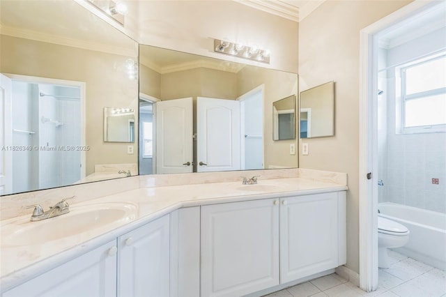 12986 SW 21st St, Miramar, FL 33027 - full bathroom featuring double vanity, crown molding, tile patterned floors, and  shower combination