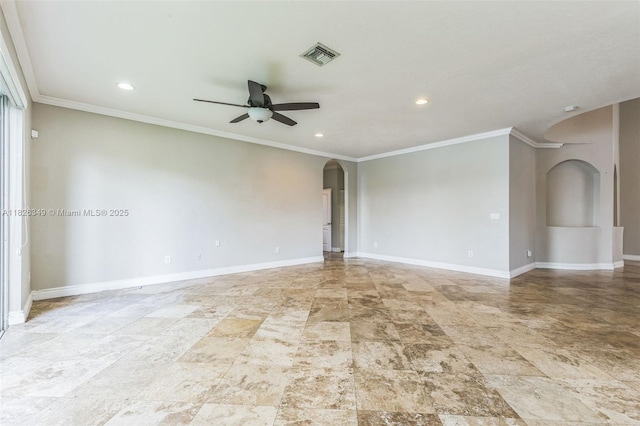 12986 SW 21st St, Miramar, FL 33027 - spare room with arched walkways, a ceiling fan, recessed lighting, and crown molding