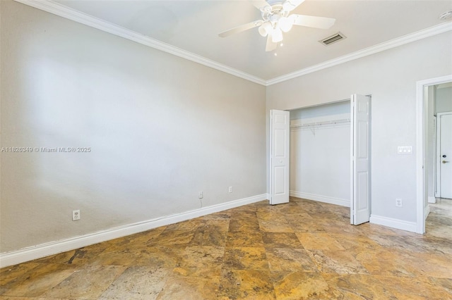 12986 SW 21st St, Miramar, FL 33027 - unfurnished bedroom with ornamental molding, stone finish flooring, a closet, and ceiling fan