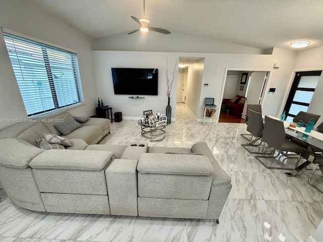 17673 SW 19th St, Miramar, FL 33029 - living area with marble finish flooring, lofted ceiling, and ceiling fan