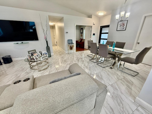 17673 SW 19th St, Miramar, FL 33029 - living room with a chandelier, vaulted ceiling, and marble finish flooring