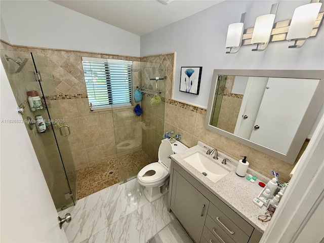 17673 SW 19th St, Miramar, FL 33029 - full bath featuring tile walls, a stall shower, vanity, marble finish flooring, and vaulted ceiling