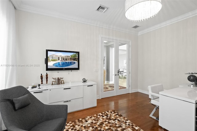 17866 Lake Azure Way, Boca Raton, FL 33496 - living area with french doors, wood finished floors, ornamental molding, and a chandelier