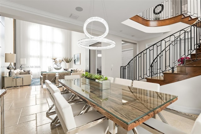 17866 Lake Azure Way, Boca Raton, FL 33496 - dining area featuring ornamental molding, stairway, and stone tile floors