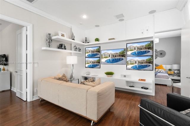 17866 Lake Azure Way, Boca Raton, FL 33496 - living area with dark wood-type flooring, ornamental molding, and recessed lighting