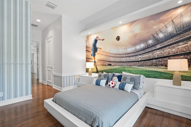 17866 Lake Azure Way, Boca Raton, FL 33496 - bedroom with wood finished floors, wallpapered walls, golf simulator, and recessed lighting