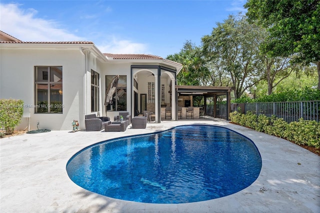 17866 Lake Azure Way, Boca Raton, FL 33496 - view of swimming pool with an outdoor living space, a patio, and a ceiling fan