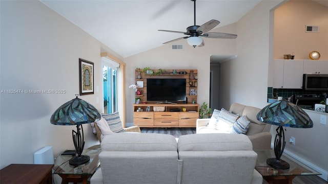 8443 Garden Gate Pl, Boca Raton, FL 33433 - living area with vaulted ceiling, a ceiling fan, and wood finished floors
