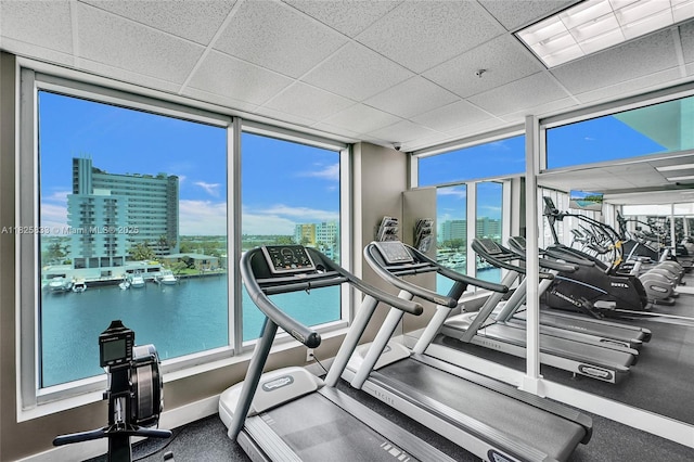 7930 E Dr Unit 1806, North Bay Village, FL 33141 - workout area featuring expansive windows, a view of city, a paneled ceiling, and a water view