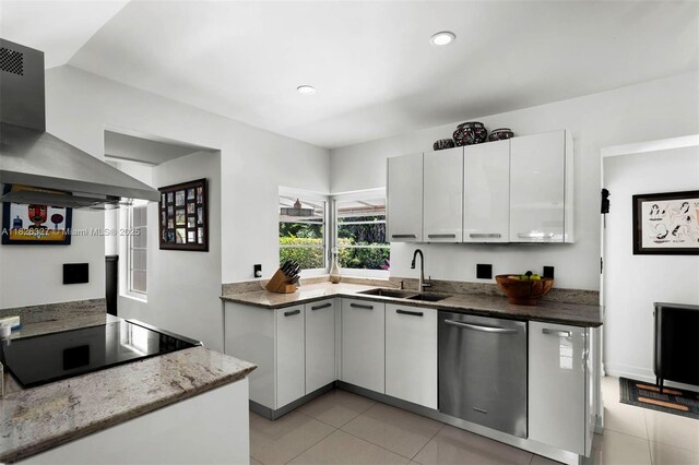 600 NE 55th Ter, Miami, FL 33137 - kitchen with island range hood, dishwasher, stovetop, white cabinets, and recessed lighting