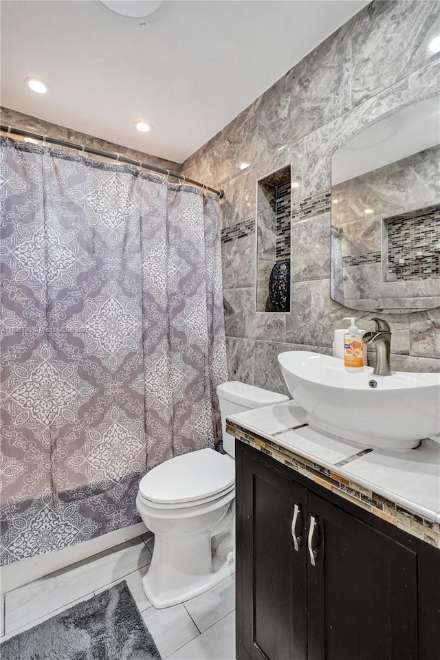 17415 NW 27th Ct, Miami Gardens, FL 33056 - bathroom with tile walls, vanity, curtained shower, and recessed lighting