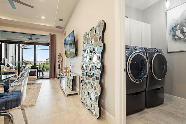 9190 SW Esule Way, Port St Lucie, FL 34987 - laundry room with a ceiling fan, independent washer and dryer, light tile patterned floors, and recessed lighting