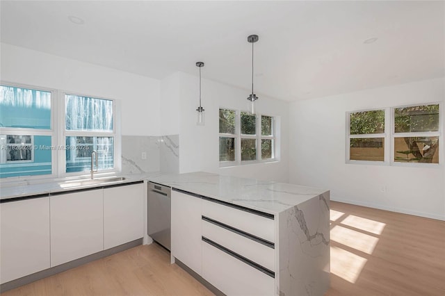 824 SE 12th Ct Unit 1, Fort Lauderdale, FL 33316 - kitchen featuring light wood-style floors, white cabinets, a peninsula, light stone countertops, and dishwasher
